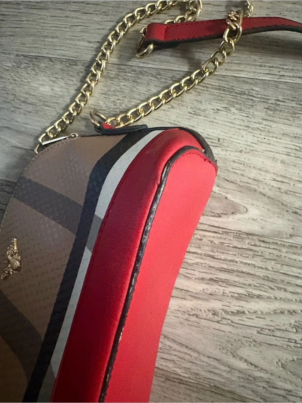 Striped Red and Tan Crossbody Camera Bag with Gold Bee Accent
